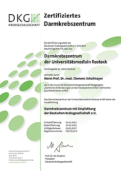 Zertifikat Darmkrebszentrum der Universitätsmedizin Rostock